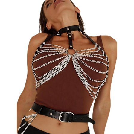 Kroppskjeder i skinn for kvinner, Punk kroppssmykker i skinn i store størrelser, Rave brystbelte topp for karneval Halloween Rock Festival Jul