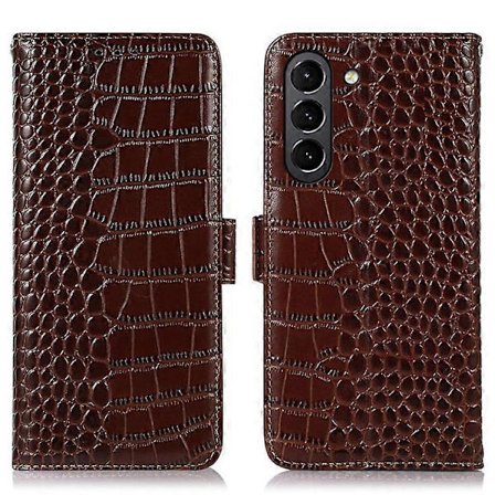 Kompatibel med Samsung Galaxy S21 FE 5G RFID Ægte Koskind Læder Wallet Telefon Cover, Krokodille Tekstur Foldbart Stativ