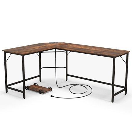 L-formet computerbord med stikkontakt & CPU Stand & Robust metalramme hjørne skrivebord brun