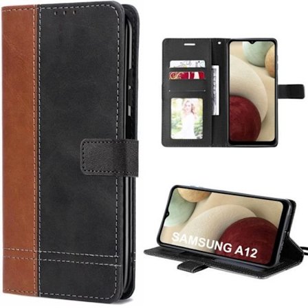 Flip Case til Samsung A12 Tofarvet Syntetisk Læder Brun-Sort