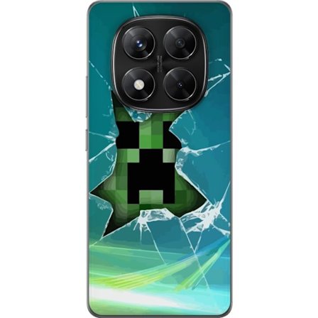 Kompatibelt Mobilskal till Xiaomi Xiaomi Redmi Note 14 Pro Minecraft Creeper genom krossat glas med dramatisk explosionseffekt där ikoniska Creeper b