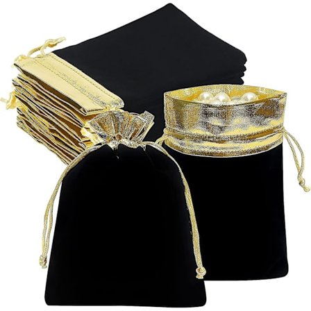 10 st Sammetspåsar med dragsko 5x7 tum, Svart Guld Tyg Presentpåsar