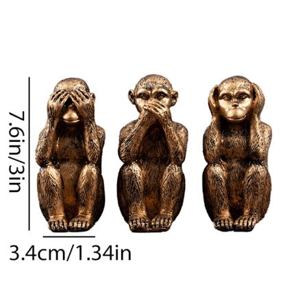 Parti med 3 bronse-gnom bronsefargede apefigurer, se-ikke, snakk-ikke.