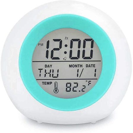 Digital vekkerklokke for barn, nattlys i 7 farger, snooze, temperaturmåling, batteridrevet (blå)