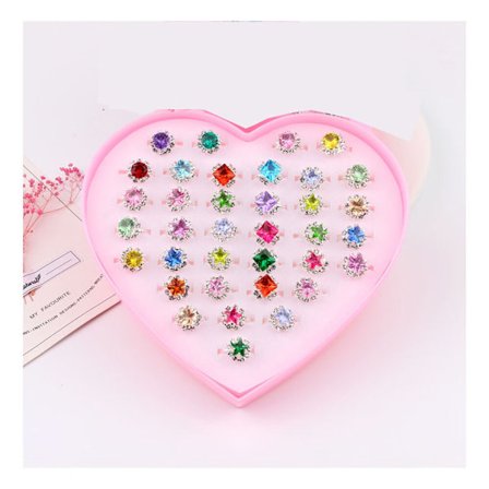 36 st (Rhinestone modell) Justerbara ringar för små flickor i ask, Barn Smyckesringar Set med Hjärta Form Displayfodral, Låtsaslek för Flickor och Dr