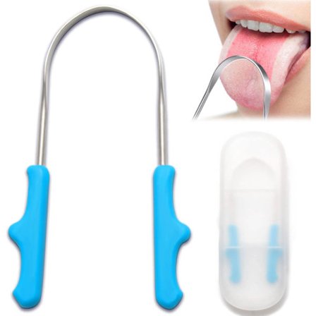 1 rostfritt stål tungskrapa, tungrengörare med förvaring