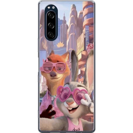 Kompatibelt Mobildeksel til Sony Sony Xperia 5 Animerede dyr i et solfylt bymiljø med rosa solbriller og en positiv melding i en fargerik feel-good s