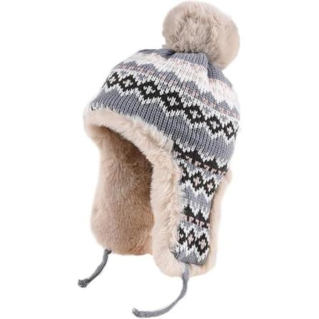 Damer Lønnetre Vinter Strikket Beanie Hat Pels Pom Pom Varmt Fleece Øreklapper Slouchy Sne Skalle Ski Hat