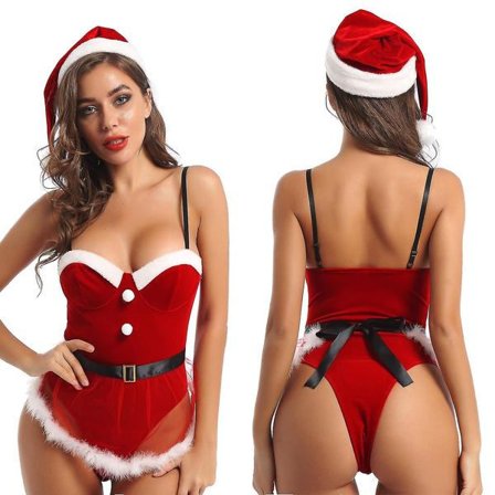 Julekjole for kvinner, utkledningsfest, undertøy, justerbare stropper, rød fløyelsbody, Mrs. Claus, Santa Cosplay, sexy kostyme, juleantrekk