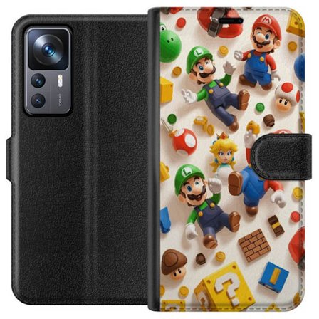 Kompatibelt Lommeboketui til Xiaomi 12T Fargerik spillillustrasjon med Mario, Luigi, Peach og klassiske spillobjekter, nostalgisk gaming følelse