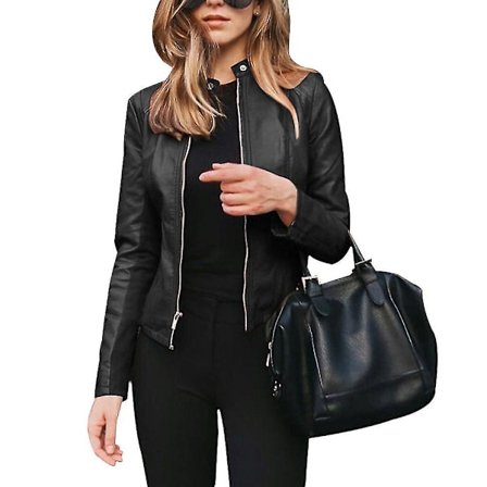 Dame PU Lær Blazer Jakker Glidelåser Ståkrage Kontor Mote Jakke Yttertøy