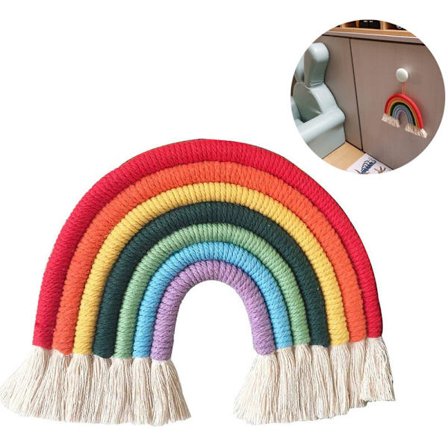 Regnbue Makrame Vægophæng til Børneværelse Soveværelse Børnehave Legestue Farverig Lille Gobelin Reb Vævning Kvast Kunst Hjem Indretning Håndværk Gave