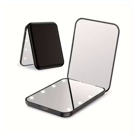 Kompakt Spejl, 1X/2X Forstørrelse LED Lommespejl med Internt Batteri, Mini Spejl til Taske, Lomme, Rejse og Gave (Sort)