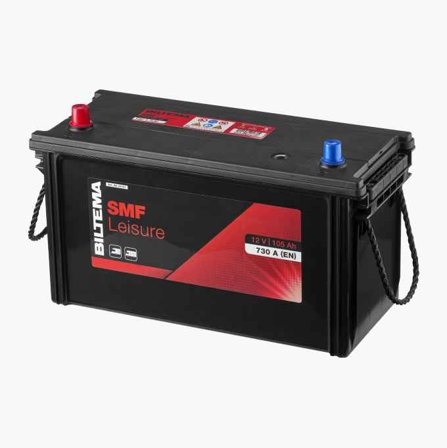 Biltema - Fritidsbatteri Sølv 12V 105Ah for Campingvogn - Vedlikeholdsfri med Kalsium-Teknologi, Innebygd Ladeindikator, Slitesterkt Chassis.