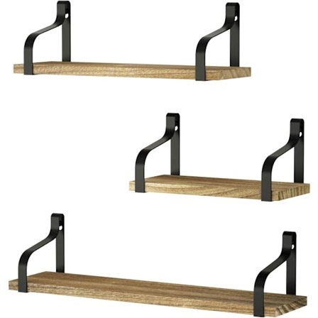3 stk. Vægmonterede svævehylder, sæt med 3, rustikke vægmonterede opbevaringshylder i træ til soveværelse, stue, badeværelse, køkken, kontor, sort