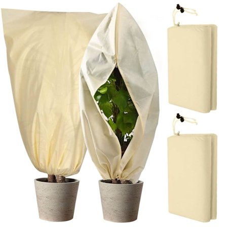 Lämpimästä kankaasta valmistettu pussi vetoketjulla ja nyörillä hedelmäpuiden ruukkupuiden suojaamiseksi pakkasen aiheuttamilta eläinhaitoilta