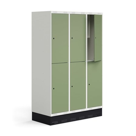 Student locker ROZ, 3 modules, 6 doors, incl. base, 1890x1200x550 mm, pale green