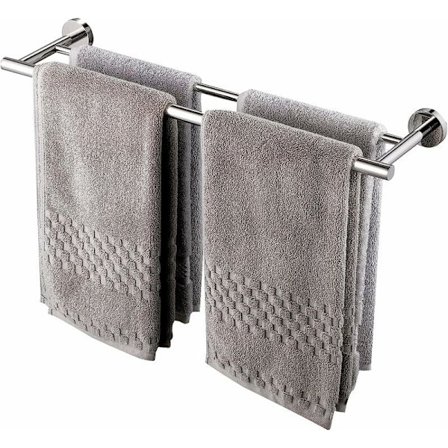 Rustfrit dobbelt håndklædestang i rustfrit stål til badeværelse eller køkken, poleret finish, 60 cm, sølv, KLB
