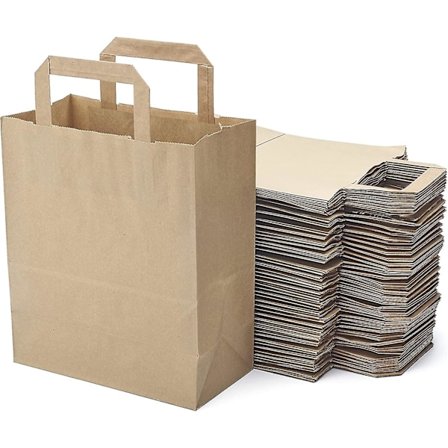 Sett med 50 brune papirposer i kraftpapir med flate håndtak - 21x11x25 cm - Handlepose/gaveinnpakning til bursdag, jul, bryllup.