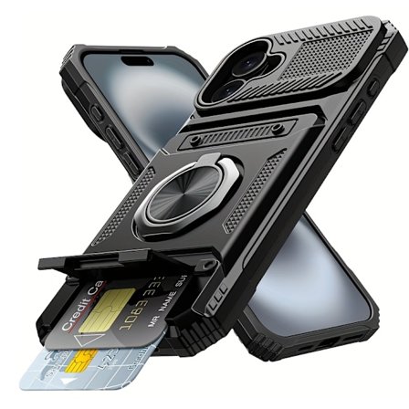Etui til iPhone 17 6,27 tommer med lommebok, 2-kort holder og ringstativ, militærgrad beskyttelse, sh0ckproof telefonetui, svart