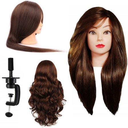 Träningshuvud Alinka 60 cm brun, blandat hår 60% + handtag, frisörhuvud för kamning, övningshuvud