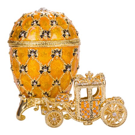 Faberge stil Keiserlig Kroning egg Smykkeskrin med vogn 10 cm gul