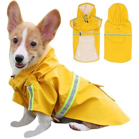 Hunderegnfrakke med hætte, lomme, justerbar, reflekterende, vandtæt slicker regnjakke til små og mellemstore hunde