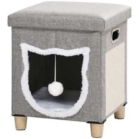 Rootz Cat Cave - Cat House - Inklusiv legebold - Vaskbar pude - Ridsepude - Håndtag - Anti-slip fodpude - Grå - 35,5 cm x 35,5 cm x 42,5 cm