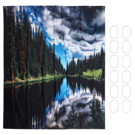 Duschdraperi Landskapsmönster Badkargardinset med ringar Hembadrumsdekoration180x180cm