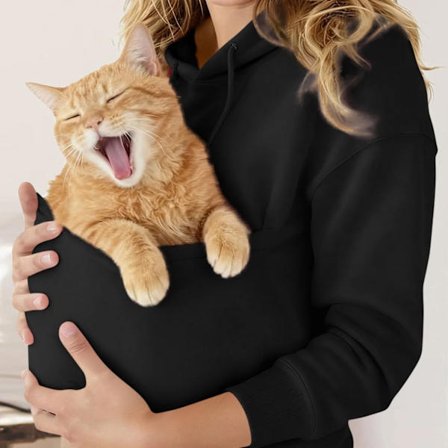 Hættetrøjer til kvinder med en kængurulomme til at bære kæledyr, inklusive katte og hunde, med overdimensionerede lange ærmer