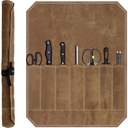 Chef Tools Protector - 7 lokeroa - Kokin veitsirullalaukku - Veitsilaukku - Vahattu kangasveitsilaukku