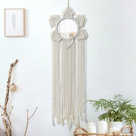 Macrame vægophæng - Boho dekorativt vægspejl med kvaster, håndlavet vægdekoration