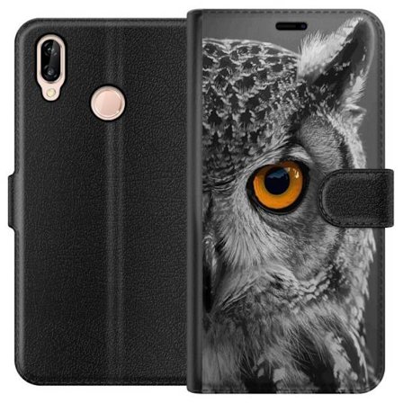 Yhteensopiva Lompakkokotelo Huawei P20 lite Mustavalkoinen lähikuva pöllöstä, jossa on voimakkaan oranssi silmä ja yksityiskohtainen sulan raken