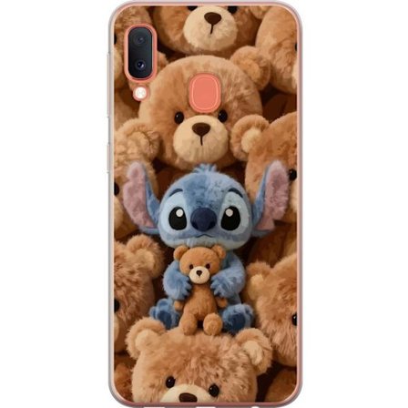Kompatibel Mobilcover til Samsung Galaxy A20e Stitch omgivet af brune teddybjørne med en lille teddybjørn i armene i en sød og hyggelig kawaii-design