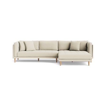 Cali Chaiselong Sofa, Højrevendt - Nordic Beige - 295x170x76cm - Bred Chaiselong med Plads til 2 Voksne - Inkl. 4 Pyntepuder & Bøgetræsben