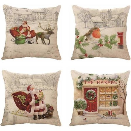 Sett med 4 stk. Putetrekk i bomullslin, Julemotiv, 45 x 45 cm, Julenissen