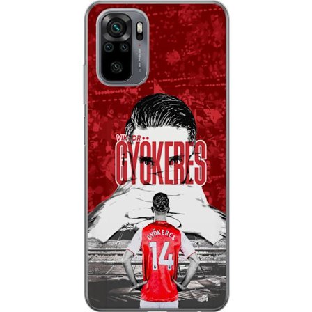 Kompatibel Mobilcover til Xiaomi Redmi Note 10S Rød dramatisk kollagebillede med portræt af Viktor Gyökeres og spillere set bagfra på arenaen