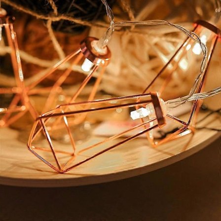Kopparfärgad geometrisk LED-ljusslinga - 4 meter - Med nätkontakt, drivs INTE med batterier - 20 varmvita LED-lampor - koppar/roséguldfärgad 