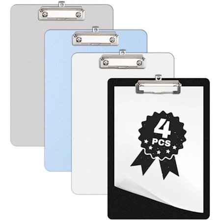 4 stk Klemmbrett A4 Plast Skriveplate, Oppgradert Fargerik Klemme, Rund Kant og Stødige Klemmer, Lett å Oppbevare