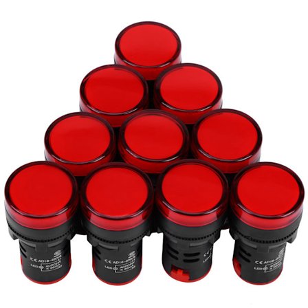 LED Indikator Signallys 10 stk AC DC 24V 22mm Gjenge Rød