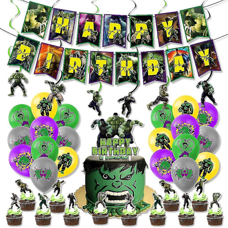 46 stk. Hulk Party Dekorationer, Superhelt Hulk Tema Fødselsdagsfest Tilbehør, Hulk Tema Glad Fødselsdag Banner Balloner Kage Topper Cupcake Topper 