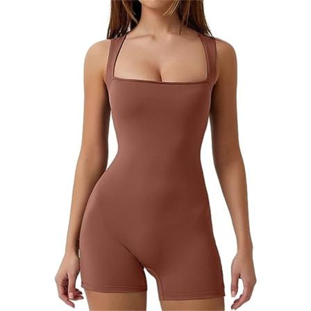 Damer Strappy Square Neck Linne Bodycon Stretch Shorts Jumpsuit Brown M