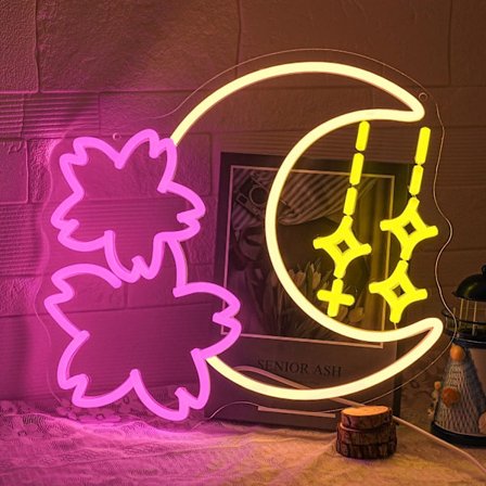 Sakura og Måne Neonskilt til Vægdekoration, Dæmpbar Sakura Neon Lys Vægkunst, USB LED Lysskilt til Spillelokale, Soveværelse, Stueindretning