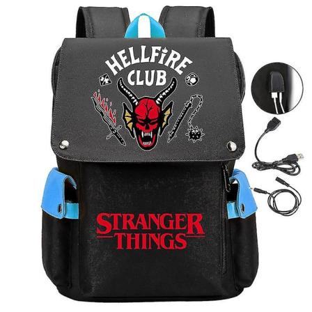 Stranger Things Säsong 4 Hellfire Club Ryggsäck USB Uppladdningsbar ryggsäck Student Skolväska E - Perfet
