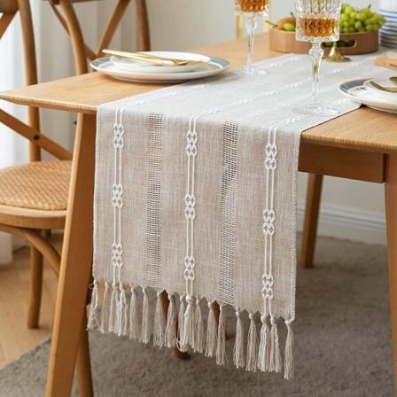 Rustik Bordsløber Bomuld Linned Boho Bordsløber, Farmhouse Bordsløber, Flettet Stribet Sofabordsløber