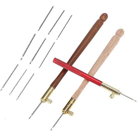 Tambour-nåle, 3 stk. broderinåle i rustfrit stål med træhåndtag og 9 nåle, fransk tambour-perlebroderi, pailletter, syværktøj