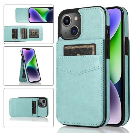 Telefon Kickstand Case För Iphone 14 Plus, Korthållare Pu Läder + Tpu Cover Mint Green