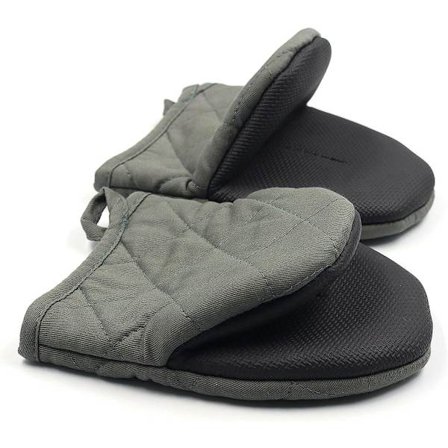 1 par korte ovnhandsker varmebestandige op til 260°C med skridsikkert greb og ophængningsløkke i grå til bagning, grill og mikrobølgeovn, 