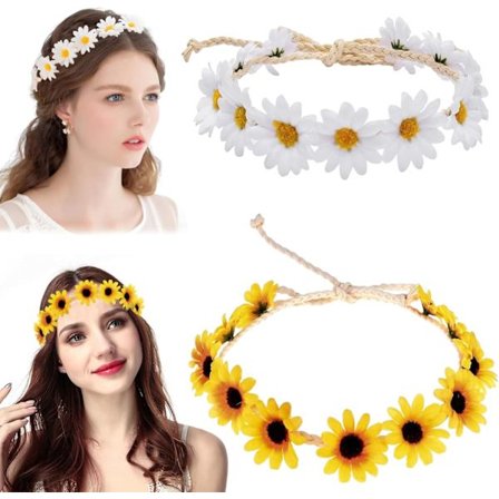2 stk. Blomsterkranse, Hvide og Gule Blomsterdiademer Justerbart Solsikkediadem, Festivaldiadem