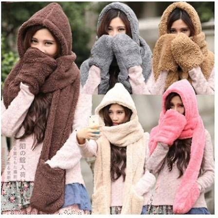3 in 1 naisten talvi lämmin fleece huppu huivi snood tasku hatut hanskat-väri musta
